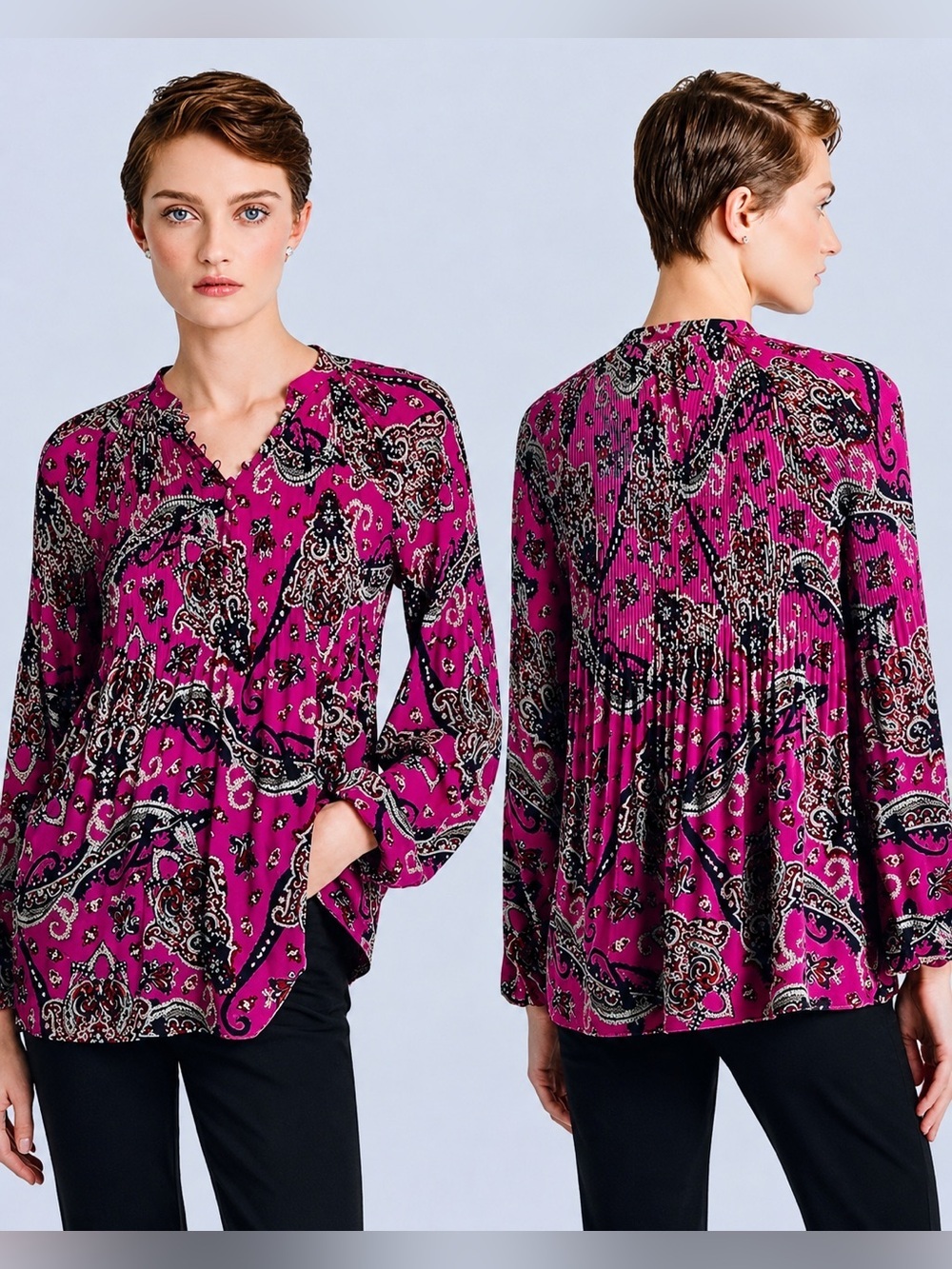 Lauren Ralph Lauren Black Label Purple Paisley Pleated Georgette Blouse Size L